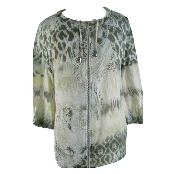 Chico's Jackets & Blazers - Chicos Zenergy White Brown Green Paisley Floral Full Zip Knit Jacket Size 1